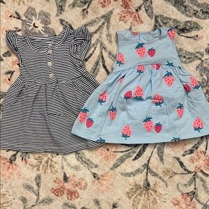 Blue Strawberry Print and Black Striped Kids Dresses